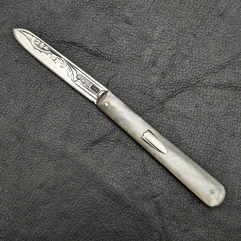 1924 British Antique White Pearl Shell Handle Pure Silver Engraved Blade Folding Pen Knife